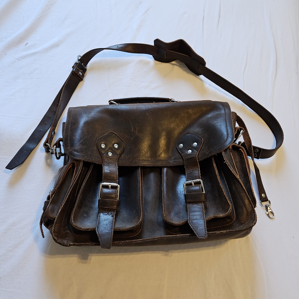 Vintage Full-Grain Leather Messenger Bag | Dark Brown Satchel Laptop Briefcase